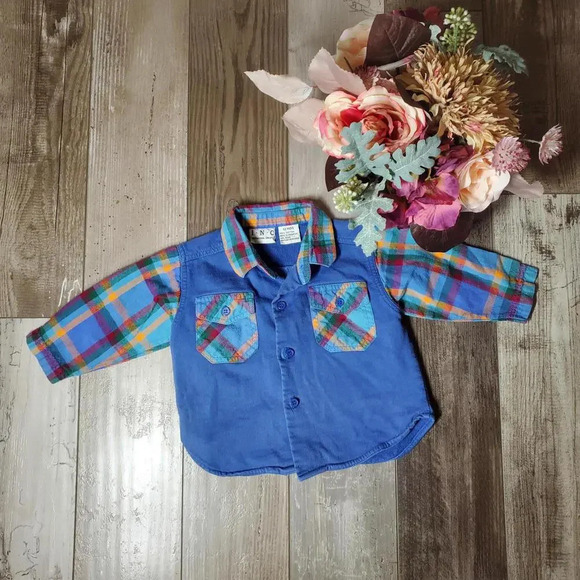 INC Boys Blue and Rainbow Plaid Button Down Shirt Size 12m 100% Cotton - Picture 1 of 9